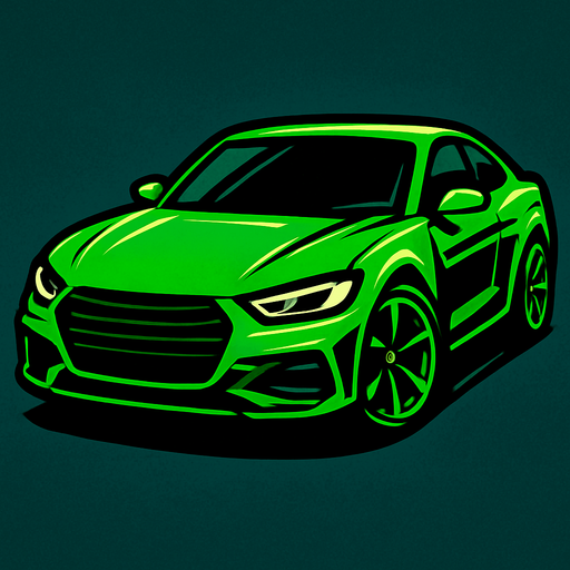 Car image but its head should be on right side not left. Make a fancy car colored green..
In-Game asset.  2d.  High contrast.  No shadows