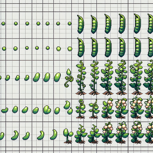 A spritesheet showing a pea plant in various stages of germantion, from pea over sapling and to full grown plant with ripe pea pods. The sprites should be laid out in a rectangular grid with blank space between them..
Single Game Texture. In-Game asset. 2d. Blank background. High contrast. No shadows.