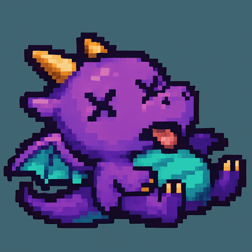 A pixel art version of the baby dragon character shown in a defeated state, designed for a 2D side-scrolling game. The dragon appears to be falling or lying on its back, with X-shaped eyes or closed eyelids. Its wings are limp and slightly spread, the tail droops, and its mouth is slightly open with a small tongue sticking out. The overall design remains cute and fantasy-inspired, with a cartoonish touch, but clearly shows the dragon is no longer active or alive. The colors and features should match the flying version for consistency.