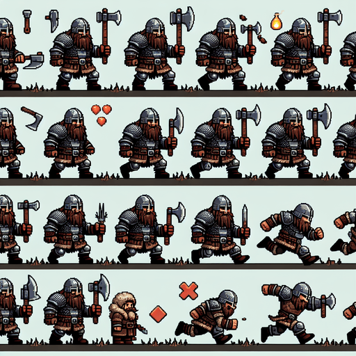 A spritesheet with various poses for a heavily armored little dwarven warrior with an axe in various poses for use in an endless runner game. Te poses should include walking, eating, jumping, ducking low, and chargingforward. Sprites should be laid out in a rectangular grid wih blank space between them. Style should be medieval fantasy..
Single Game Texture. In-Game asset. 2d. Blank background. High contrast. No shadows.