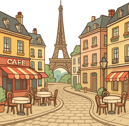 A charming cartoon-style Paris street scene with the Eiffel Tower, cobblestone roads, and café tables. Soft colors and romantic ambiance. Designed for an accordion-themed music game. Export as wide PNG..
In-Game asset.  2d.  High contrast.  No shadows