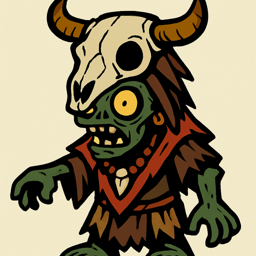 A shaman zombie,head wearing a cow skull.
In-Game asset.  2d.  High contrast.  No shadows