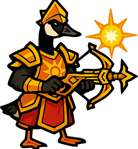 Canadian Goose in Sun Warrior Outfit with Magic Sun Crossbow.
In-Game asset.  2d.  High contrast.  No shadows