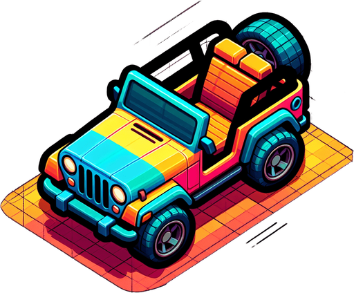 Jeep car cartoony, top down view.
Single Game Texture. In-Game asset. 2d. Blank background. High contrast. No shadows.