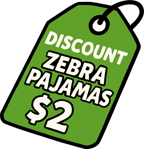 green price tag that says discount zebra pajamas $2.
In-Game asset.  2d.  High contrast.  No shadows