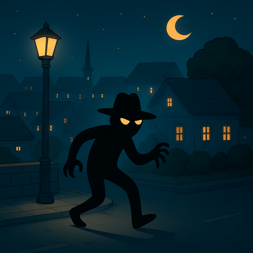 In a dark town street a mysterious shadow figure is creeping around