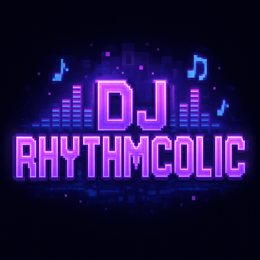 A bold and stylish pixel art logo text for the game title “DJ RHYTHMCOLIC” designed for a lo-fi rhythm pixel art game. The text is large, vibrant purple with neon glow effects, featuring a retro pixel font that looks futuristic and energetic. Behind the text, subtle pixelated neon sound waves and small music notes float gently in purple and blue hues, blending with a cozy DJ studio atmosphere. The background is transparent or very dark to highlight the glowing title. The style matches a dreamy, neon-lit nighttime vibe with pixel-perfect detail..
In-Game asset.  2d.  High contrast.  No shadows