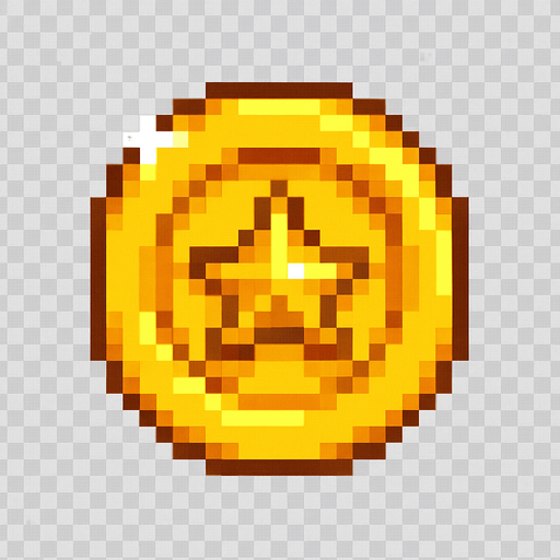 Golden coin sprite, shiny yellow gold surface, circular shape with star or gem symbol in center, pixel art style, slight shine effect or sparkle, collectible item appearance, rotating animation-ready, bright and eye-catching, classic video game coin design, 16-bit aesthetic, transparent background.
In-Game asset.  2d.  High contrast.  No shadows