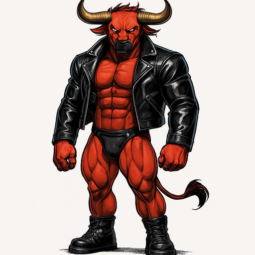 idle animation hunky Minotaur man Cyberpunk manga, minotaur monster hunk, shiny black leather biker jacket longsleeves shirtless muscles, jockstrap combat boots, Background removed, "Full-body character, entirely in frame, no cropping of face, head, or feet" "Complete character visible, from horns to hooves, fully centered in the image" "Entire character, including face and boots, fully within the frame" Character fully contained within a square frame, no edges cut off fashion model idle pose