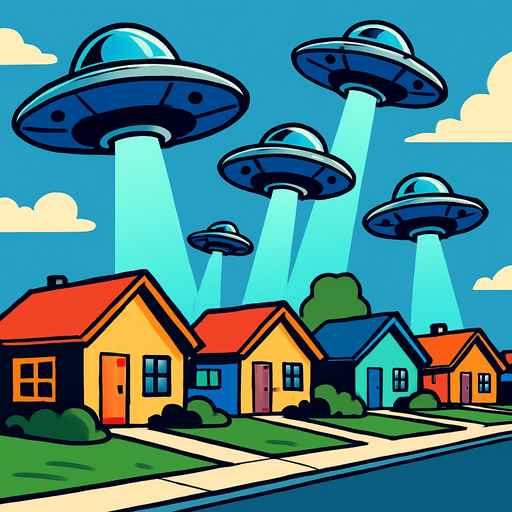 "Small UFO saucers descending over suburban neighborhood, cartoon style, dramatic lighting, shadows cast on lawns, retro sci-fi aesthetic, colorful houses below, comic book illustration style, dynamic angle looking up""cartoon style," "comic book illustration," "clean vector art,".
In-Game asset.  2d.  High contrast.  No shadows
