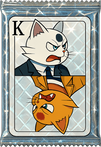 A booster pack of collectible cards in the plastic packaging. On the package is a picture of these two cats as if they are the King on a card in a deck of regular playing cards. The white one is on top facing left and the orange one is on the bottom, flipped upside down and facing right, side profile, just like a king on a regular playing card. There is a K in the top left corner to mark the King, but no suit. There are no other words on the pack. The plastic of the pack is all diamond and sparkling.