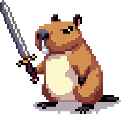 Capibara con una espada y pixelado.
Single Game Texture.  In-Game asset.  2d.  Blank background.  High contrast.  No shadows