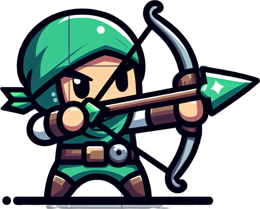 yeşil tatlı ok atmaya hazırlıklı okçu karakter.
Single Game Texture.  In-Game asset.  2d.  Blank background.  High contrast.  No shadows