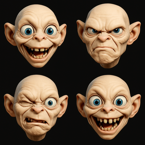 3D Scary but funny and cute face meme of gollum. only face, different faces look.
In-Game asset.  3D.  High contrast.  No shadows. only face
