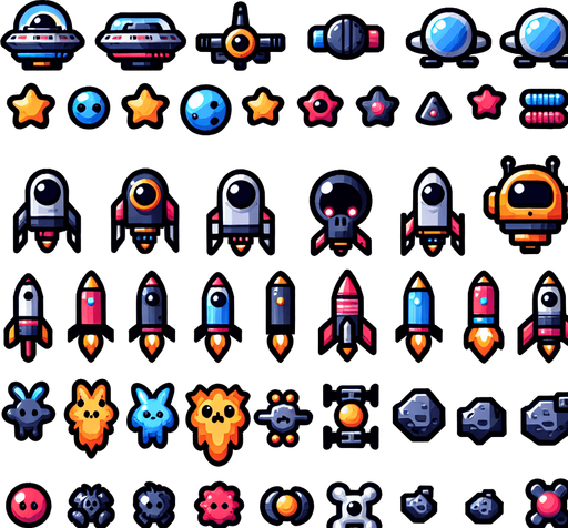 Spritesheet, modern, mobile game, cute, fun. Colorful. Including spaceships, UFOs, Guns, Boosters, Powerups, Asteroids, Boss...
In-Game asset. 2d. Blank background. High contrast. No shadows.