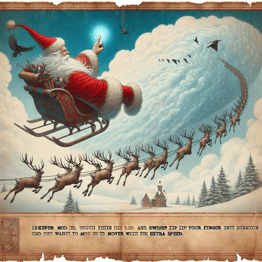 a pergament of Santa Clause on his flying sledge with reindeers, he flees for ravens and leaves a big frosty cloud behind him. There is the text "In Keeper Mode, you can touch santa and swipe your finger into the direction you want to move with extra speed"