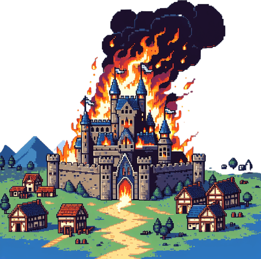 pixel art dramatic epic medieval village castle burning bad day.
Single Game Texture.  In-Game asset.  2d.  Blank background.  High contrast.  No shadows