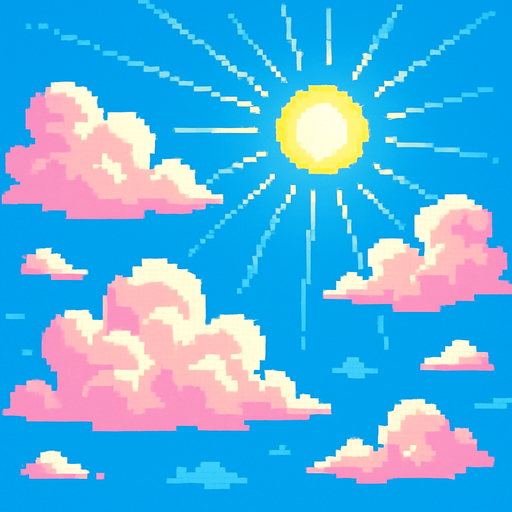 Bright day sky, cotton candy clouds, clear blue background, sun rays, cheerful mood, 2D pixel art.
In-Game asset.  2d.  High contrast.  No shadows
