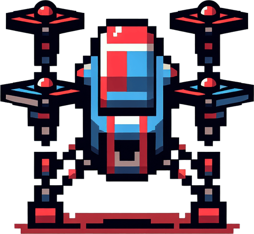 8 bit front image blue red scifi police drone.
Single Game Texture.  In-Game asset.  2d.  Blank background.  High contrast.  No shadows