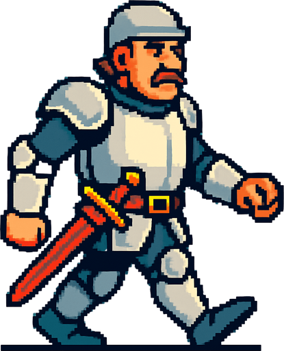 şovalye kıyafetli orta yaşlı bir adam belinde kılıcıyla sağdan sola yürür gibi.
In-Game asset.  2d.  High contrast.  No shadows