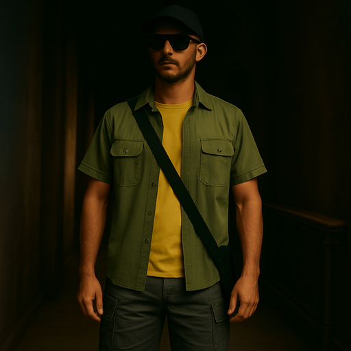 Full-length picture of the same character, his black hat and grey cargo shorts can be visible