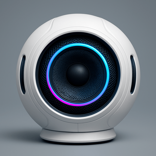 Futuristic speaker in the shape of a white orb. Face view