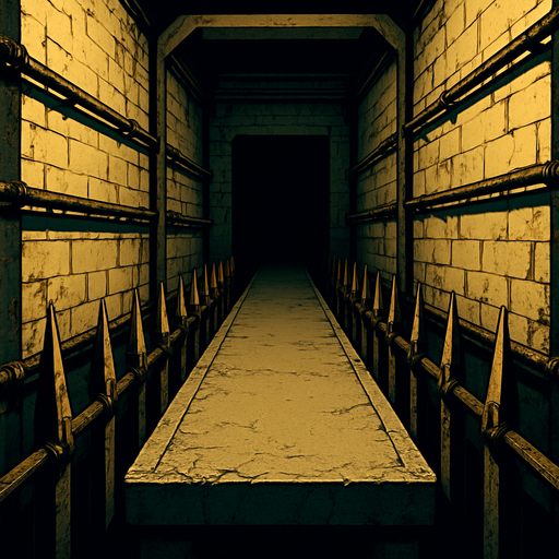 3D building from inside have tall road similar to saw movie rooms, floor going front of the screen, horror taller area have 2 walls on the sides with sharp metals protecting the way and horizontal bars on all of the 2 walls on the sides.
In-Game asset.  High contrast.  No shadows. 3D