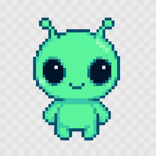 El alien debe ser un personaje pequeño y tierno, con piel verde o azul brillante, cabeza grande en forma ovalada, ojos negros y brillantes de estilo caricatura, y dos antenitas cortas que se muevan ligeramente; su cuerpo debe ser redondeado y compacto, con brazos y piernas cortas, dando una apariencia amigable y divertida; el diseño debe ser en estilo 2D o pixel art suave, con una animación sutil como parpadeo o balanceo, y fondo transparente para integrarse bien en un juego colorido y casual..
In-Game asset.  2d.  High contrast.  No shadows