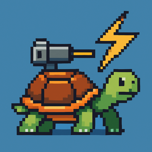 a turtle with a lightning bolt gun on her shell, pixelart.
In-Game asset.  2d.  High contrast.  No shadows