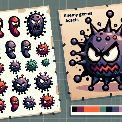 make a cartoony enemy germs..
Single Game Texture.  In-Game asset.  2d.  Blank background.  High contrast.  No shadows