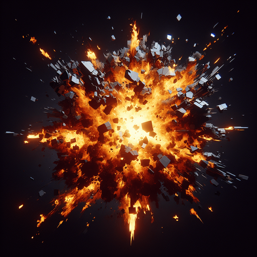 fire explode with piece of black steel.
Single Game Texture.  In-Game asset.  2d.  Blank background.  High contrast.  No shadows
