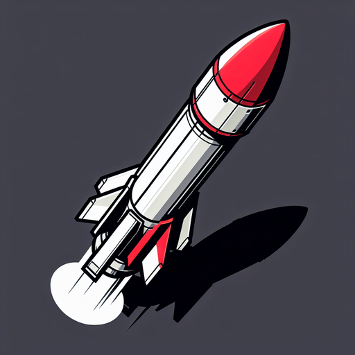 a While missile, with a red top that is pointing downwards.
Single Game Texture. In-Game asset. 2d. Blank background. High contrast. No shadows.