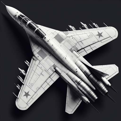 A Soviet fighter jet, facing down.
Single Game Texture.  In-Game asset.  2d.  Blank background.  High contrast.  No shadows
