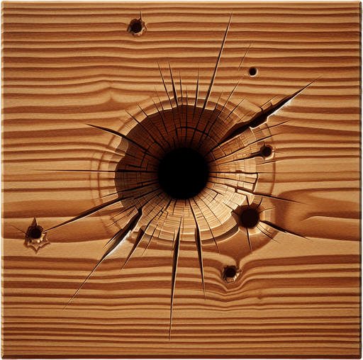 wood bullet hole.
Single Game Texture. In-Game asset. 2d. Blank background. High contrast. No shadows.