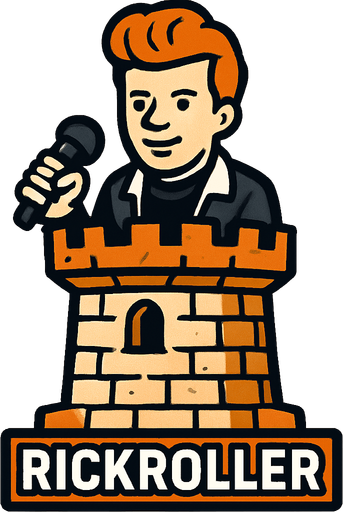 "Rickroller": A RickAstley tower holding a mic.
In-Game asset.  2d.  High contrast.  No shadows