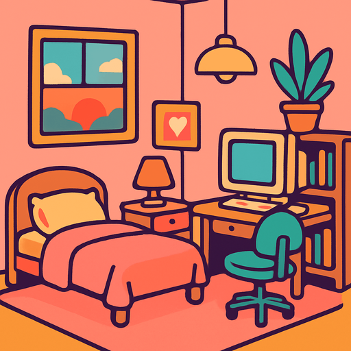 create a cute room, lo fi room.
In-Game asset.  2d.  High contrast.  No shadows