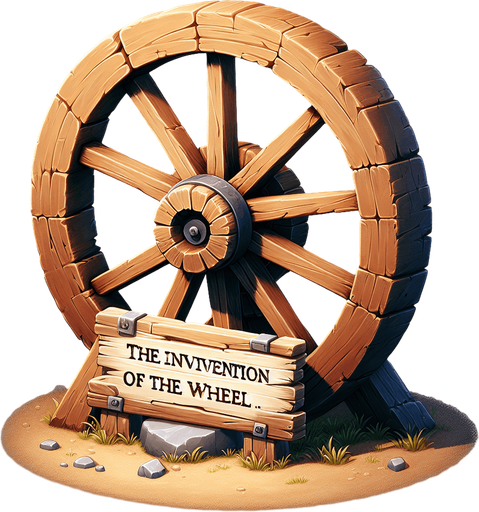 An animated image of a wooden wheel with a sign: The invention of the wheel.
Single Game Texture. In-Game asset. 2d. Blank background. High contrast. No shadows.