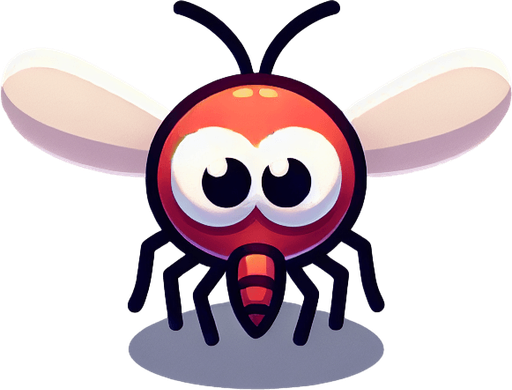 Cartoon mosquito. Seen from the front.
Single Game Texture. In-Game asset. 2d. Blank background. High contrast. No shadows.
