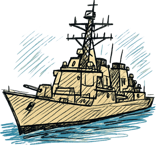 skecth tarzında destroyer savas gemisi.
In-Game asset.  2d.  High contrast.  No shadows