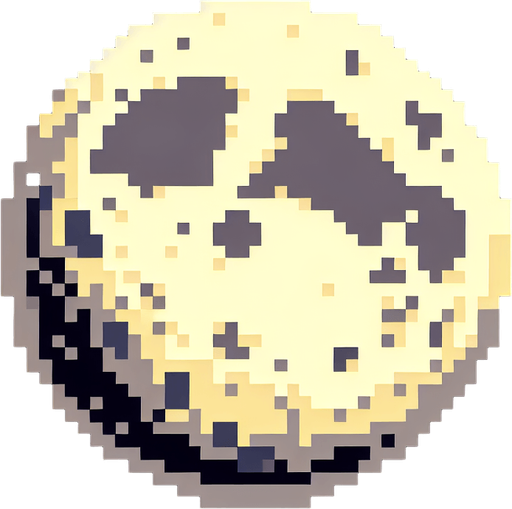 8 bit moon.
Single Game Texture. In-Game asset. 2d. Blank background. High contrast. No shadows.