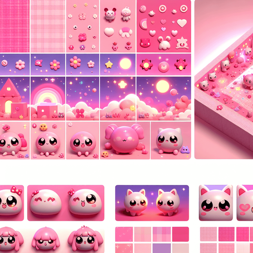 Beautiful 3d pink theme with other soft colours with cute soft kawaii 3d dolls and tiny glowing creatures.
Single Game Texture. In-Game asset. 2d. Blank background. High contrast. No shadows.