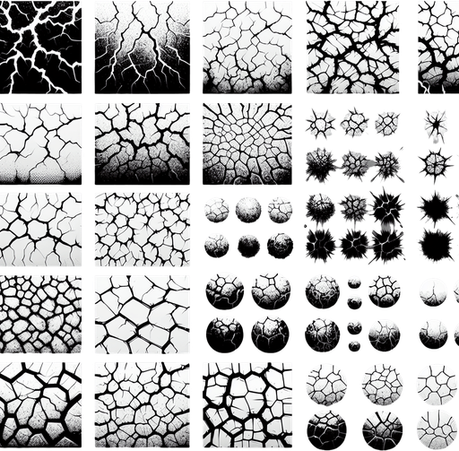 A sprite sheet of different crack patterns. Just the crack..
Single Game Texture. In-Game asset. 2d. Blank background. High contrast. No shadows.