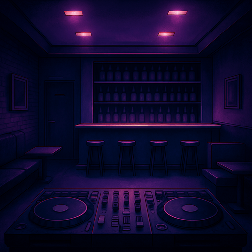 semi-realistic comic book style, moody neon lighting, lo-fi urban atmosphere, rich textures, cinematic framing, purple and blue tones, soft gradients, ambient reflections