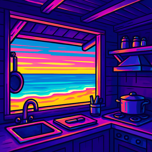 Inside the kitchen of a small wooden shack restaurant, looking out over the counter onto a beach view with long gradual gradients. No people inside or on the beach.