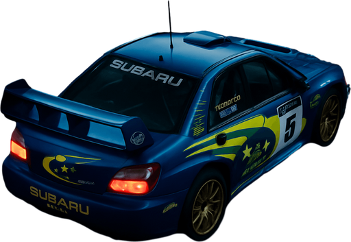 Photorealistic Subaru Impreza WRC in nightlight, drone topview from back and 45 degrees angle in top right corner