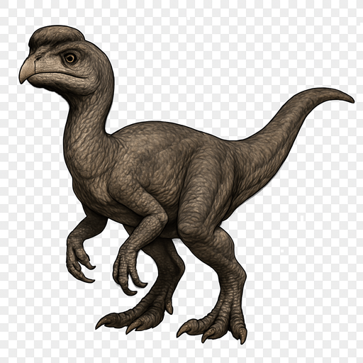 A realistic Oviraptor dinosaur depicted in a neutral pose on a transparent background. It has smooth, mottled gray and brown scaly skin with visible wrinkles and texture. The head is short and rounded with a prominent crest above its eyes and a strong, curved beak. Its limbs are muscular with sharp claws. The tail is medium length and slightly curved. The skin texture shows detailed scales and natural imperfections, emphasizing a lifelike, agile predator..
In-Game asset.  2d.  High contrast.  No shadows