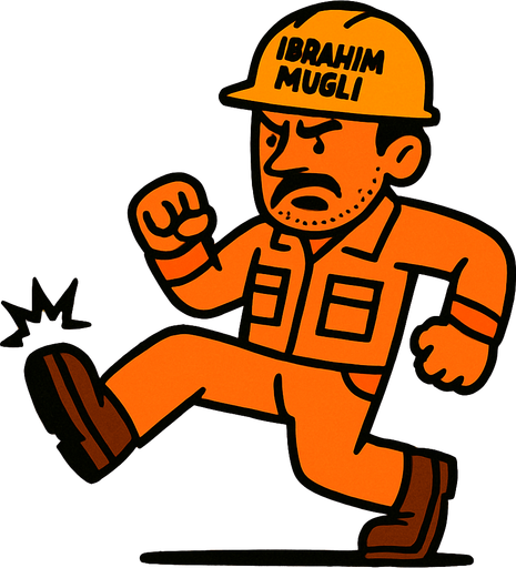 Üstünde ibrahim muğli yazan baretli işçi tekme atarken.
In-Game asset.  2d.  High contrast.  No shadows