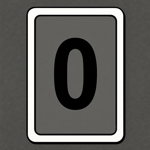 Rectangular card numbered 0, with a white border around it and a gray background..
In-Game asset.  2d.  High contrast.  No shadows