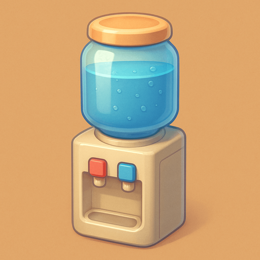 A water cooler. Cute soft graphics. soft ambient light. semi-matte to satin surfaces. naturalistic with slight saturation boost colors. 
In-Game asset.  2d.  High contrast.  No shadows. top down..
In-Game asset.  2d.  High contrast.  No shadows