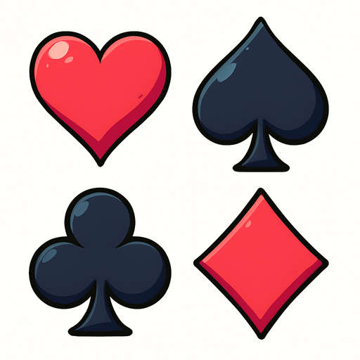 The four card suits arranged in 2x2 grid layout, no lines. Anime style.
In-Game asset.  2d.  High contrast.  No shadows